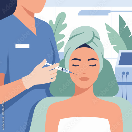 Medical professional administering facial injection to patient in clinic