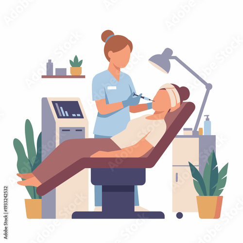 Cosmetologist performing injection on a woman in a modern clinic