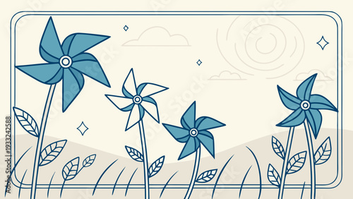 Blue pinwheels spinning in a grass field under a sunny sky  