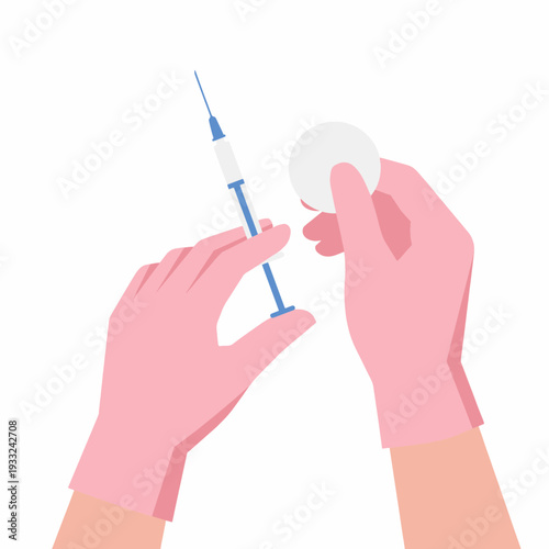 Hands preparing syringe and cotton pad for botox treatment