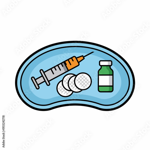 Medical tray with syringe, cotton pads, and vial in a blue background