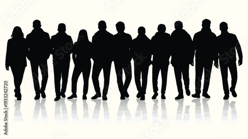 Group of people crowd, vector silhouettes, diverse human figures in various poses, standing, walking, and interacting, black outline illustration for community, events, social, teamwork.