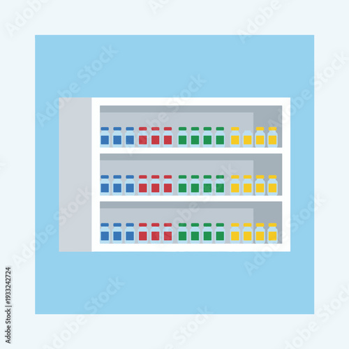 Medical cabinet shelf with colorful bottles against a light background