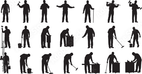 Black silhouette set of professional cleaners and janitors performing various cleaning tasks with mops, buckets, and tools, cad drawing flat vector illustration.