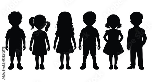 silhouette of children, on white background, playful kids in various poses including running, jumping, and standing, black outline illustration for education, playground, family and design projects.