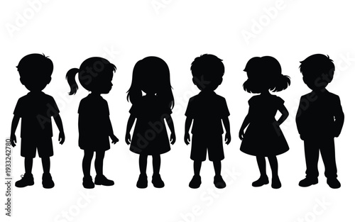 silhouettes of children, on white background, playful kids in various poses such as running, jumping, sitting, and standing, black illustration for school, playground, family, and design projects.