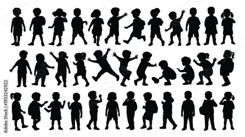 Children silhouettes vector illustration, playful kids in different poses black outline artwork, active child figures collection for education, playground, family, and community themed design projects