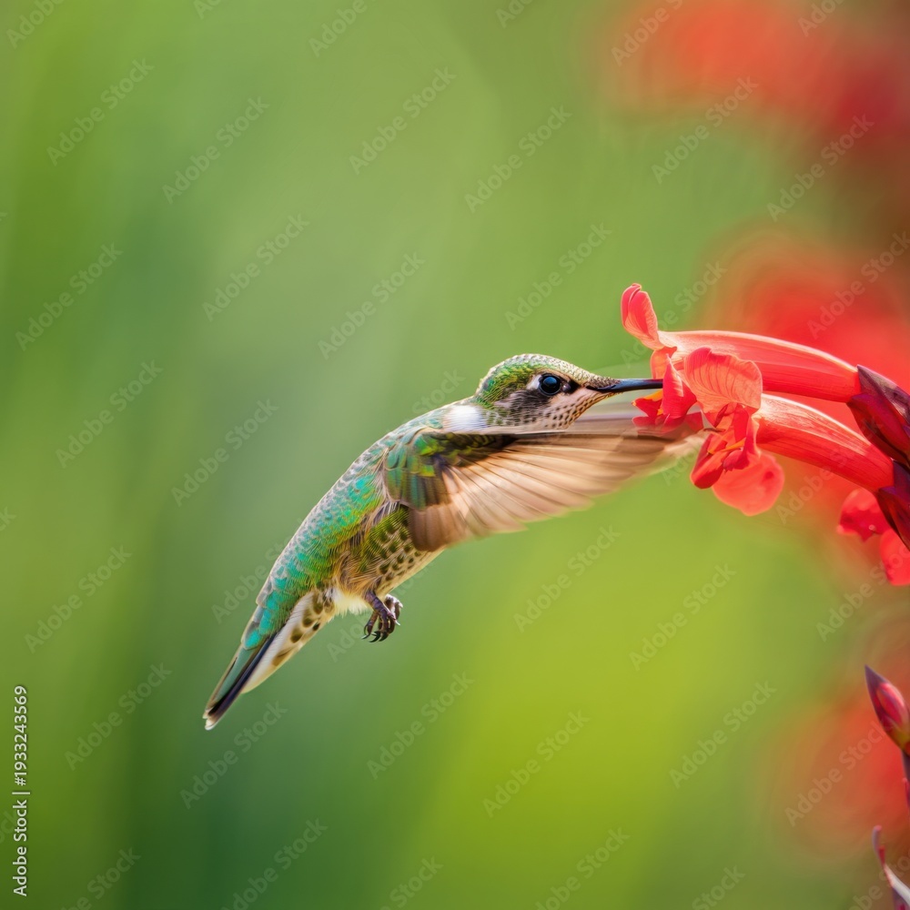 Fototapeta premium Hummingbird Feeding on a Red Flower