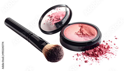 Makeup blush compact with a brush, and a mirror in an isolated close-up composition