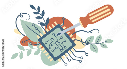 Microchip Circuit Board with Screwdriver and Leaves.