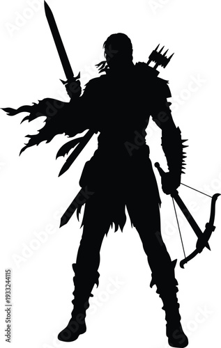 Fantasy warrior silhouette illustration, medieval archer with sword and crossbow, heroic fighter vector isolated on white background graphic design