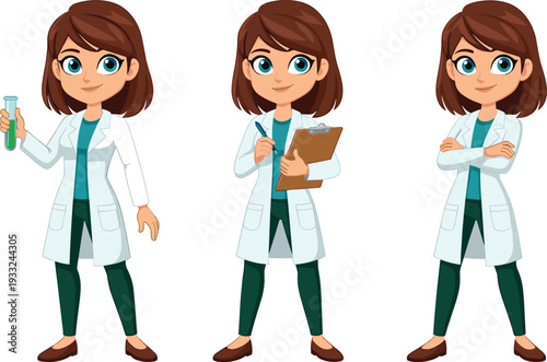 Female Scientist Character Set Holding Test Tube and Clipboard in Different Poses Isolated on White Background Vector Illustration