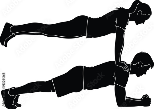 Fitness partner exercise silhouette showing push up support, teamwork workout concept, man and woman training illustration isolated on white background