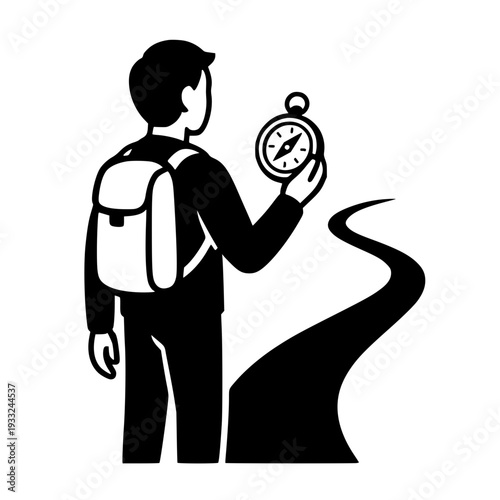 Person on winding road black white icon 