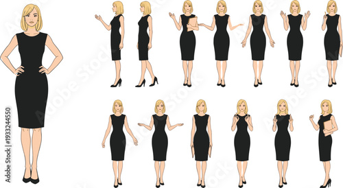 Elegant Business Woman Character Set in Black Dress Showing Different Poses and Hand Gestures Isolated on White Background Illustration
