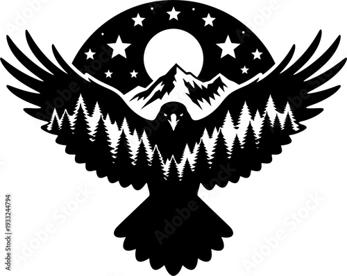 Raven with spread wings mountain forest and stars double exposure