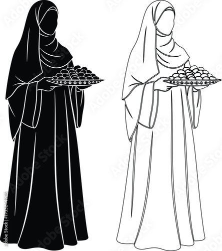 Historical depiction of medieval european women in traditional attire carrying trays