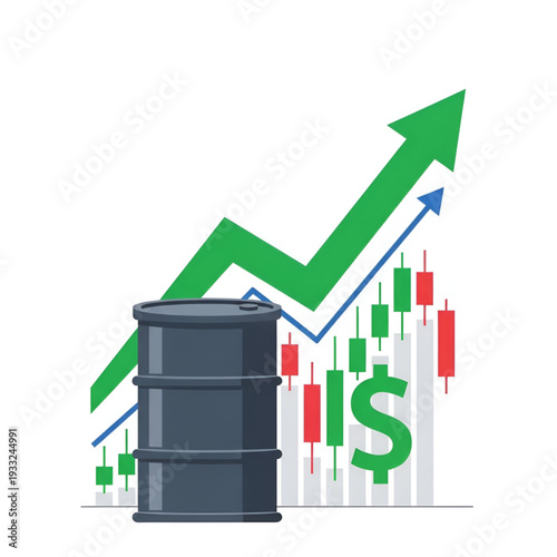 Crude oil barrel with profit growth arrow and statistics