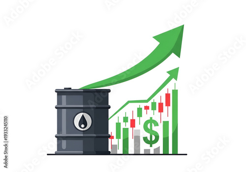 Oil price growth chart with rising arrow and oil barrels
