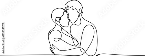 Continuous line drawing of a man embracing a woman, a tender moment captured in minimalistic illustration, showcasing love and affection in a simple yet powerful artwork