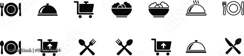 Plate fork knife, food cloche, shopping cart, bowl of food, spoon knife, crossed utensils, dining, grocery, restaurant, cooking, culinary, outline icons set