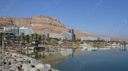 Scenery of the coast and spa hotels at Dead Sea, Israel. The Dead Sea surface and shores are 430.5 m below sea level - Earth's lowest elevation.