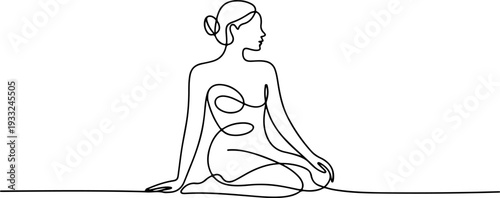 Woman practicing yoga in a serene environment, sitting cross-legged on the floor, continuous line drawing from a side viewpoint