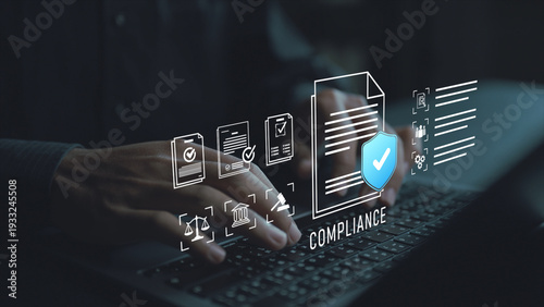 Business compliance management concept. Person using laptop with checklist and legal icons, risk control, internal audit and regulatory monitoring.
