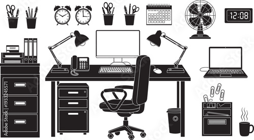 Office desk workspace silhouette cad drawing flat vector illustration set with computer chair lamp file cabinet and desk accessories collection