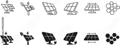 Solar panel icon set, renewable energy line and solid vector symbols, photovoltaic system, eco power technology, green electricity, sustainable energy collection illustrations