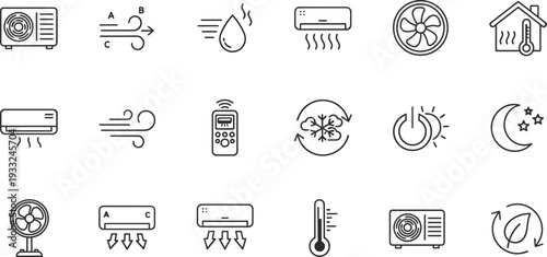 Air conditioning unit, airflow direction, humidity droplet, indoor cooling, fan blade, house thermometer, remote control, snowflake circulation, eco mode, power button, HVAC climate icons set