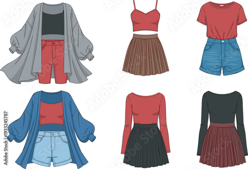 Set of casual women's fashion outfits including cardigans, crop tops, pleated skirts, denim shorts, and t-shirts, cad drawing flat vector illustration.