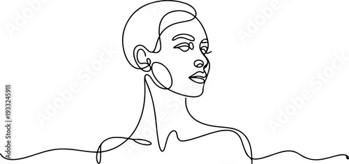 Continuous line art of a serene woman's face and shoulders in a minimalist style, conveying elegance and simplicity
