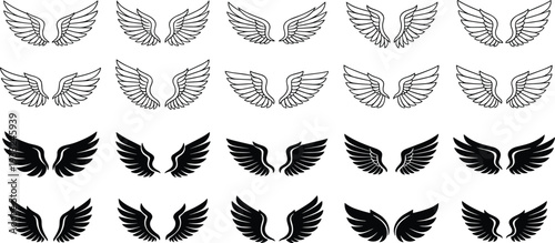 Angel wings collection vector set, black and white wing silhouettes, flying bird wing icons, tattoo design elements isolated on background