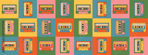 Seamless pattern with music old cassette tape of different colors in retro groovy style, vintage. Background 60s, 70s, 80s, 90s. Vector illustration eps10