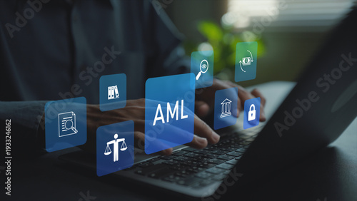 AML compliance concept. Person using laptop with transaction monitoring and fraud prevention icons, financial regulation, KYC process and risk management.