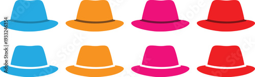 Colorful Hat Icons Set Vector Illustration – Flat Design Fedora, Top Hat and Cowboy Hat Collection for Fashion and Apparel Branding