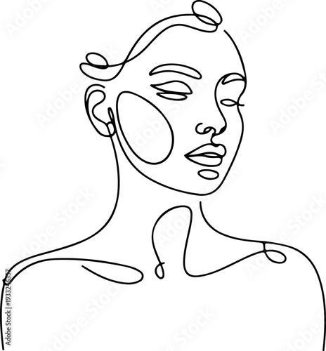 Continuous line drawing of a serene woman's face and shoulders in a minimalist style from a frontal viewpoint