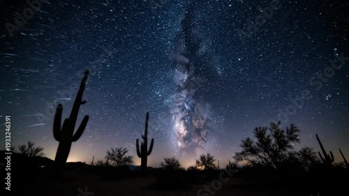Panoramic view of the milky way and star trails over the arizona desert. Timelapse composite showing the night sky with saguaro cactus silhouettes on the horizon