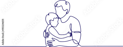 A man holding a child tightly in his arms, a simple line art illustration conveying love and protection.