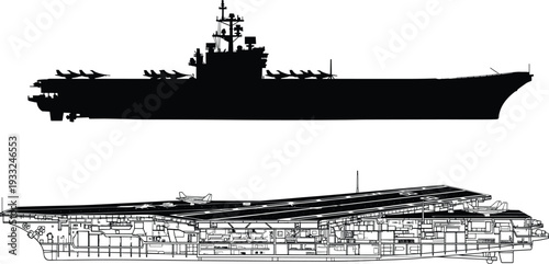Aircraft carrier silhouette with detailed cross section view, military navy warship vector illustration isolated design