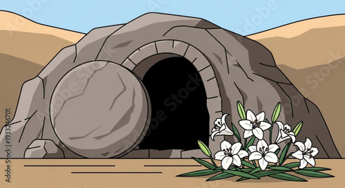 Tomb with rolled stone and white flowers on transparent background