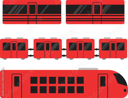 Red subway train vector illustration set, metro railway carriage side view isolated public transport design collection