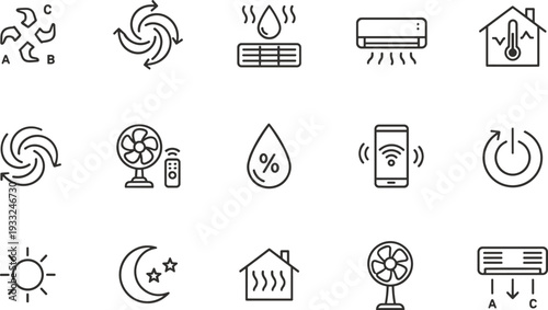 Fan speed settings, air circulation arrows, humidity droplet, air conditioner unit, house thermometer, smartphone remote, power button, sun heat, moon sleep, HVAC climate icons set