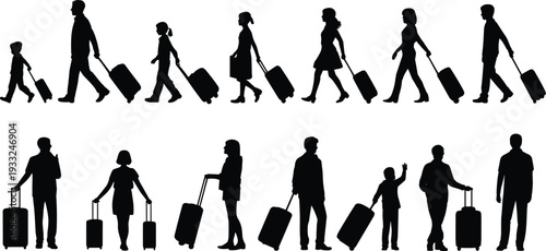 Black silhouette collection of diverse families and children walking with luggage for global tourism airport transit family vacation travel and successful journey lifestyle concepts.