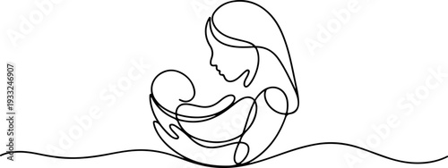 Mother holding baby close in a tender moment illustrated in a simple line drawing style