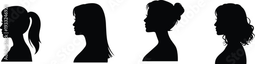 Black silhouette collection of diverse female head profiles with different hairstyles for beauty salon hair care fashion identity and modern woman lifestyle concepts.