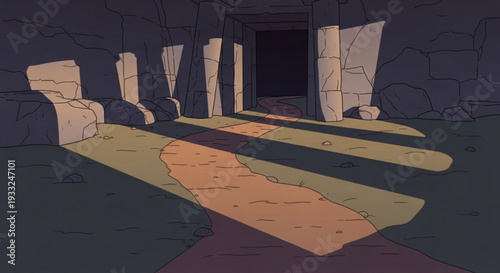 Ancient stone hallway with sunlight casting shadows on the floor on transparent background