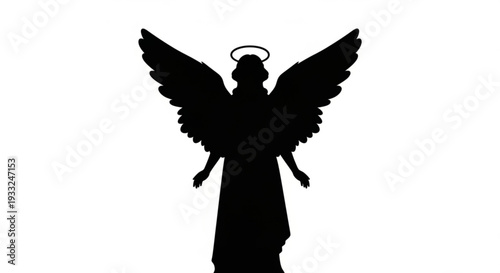 Angel silhouette with halo and outstretched wings on transparent background