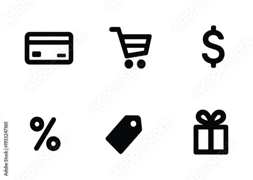 Collection of E-commerce and Shopping Icons Credit Card, Shopping Cart, Dollar Sign, Percentage, Tag, and Gift Box